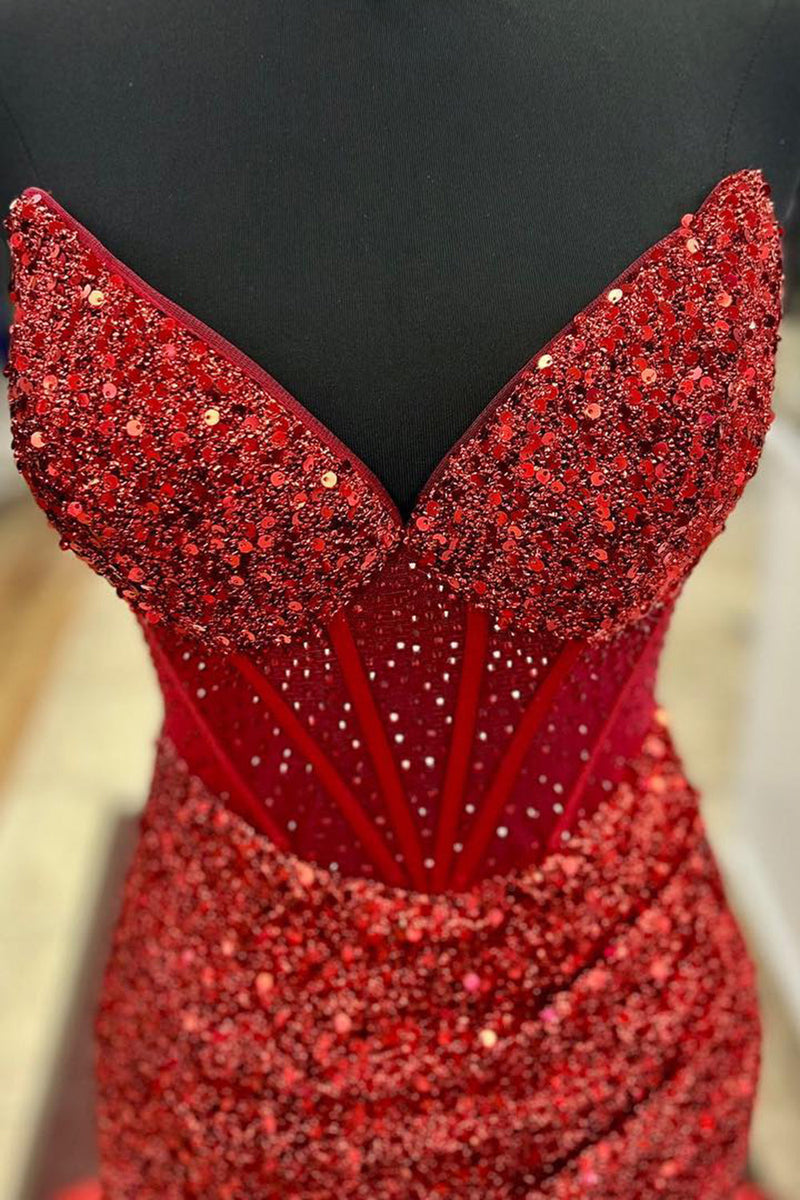Load image into Gallery viewer, Sparkly Sequined Red Corset Long Prom Dress with Slit