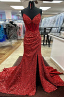 Load image into Gallery viewer, Sparkly Sequined Red Corset Long Prom Dress with Slit