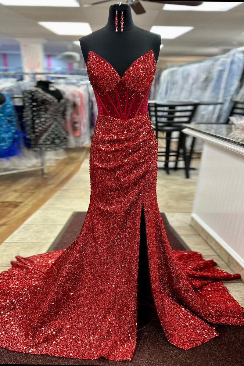 Load image into Gallery viewer, Sparkly Sequined Red Corset Long Prom Dress with Slit