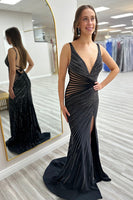 Load image into Gallery viewer, Backless Sparkly Black Beaded V-Neck Long Prom Dress with Slit