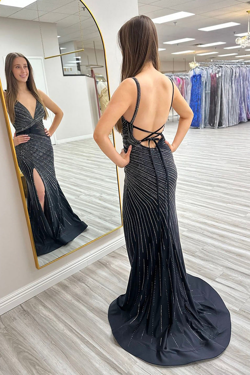 Load image into Gallery viewer, Backless Sparkly Black Beaded V-Neck Long Prom Dress with Slit