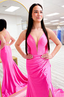 Load image into Gallery viewer, Fuchsia Mermaid Backless Long Satin Prom Dress with Slit