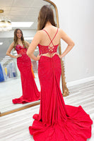 Load image into Gallery viewer, Beaded Sparkly Red Spaghetti Straps Long Corset Prom Dress