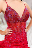 Load image into Gallery viewer, Beaded Sparkly Red Spaghetti Straps Long Corset Prom Dress