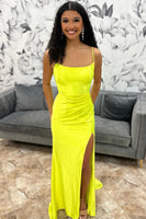 Load image into Gallery viewer, Mermaid Yellow Spaghetti Straps Long Prom Dress with Slit