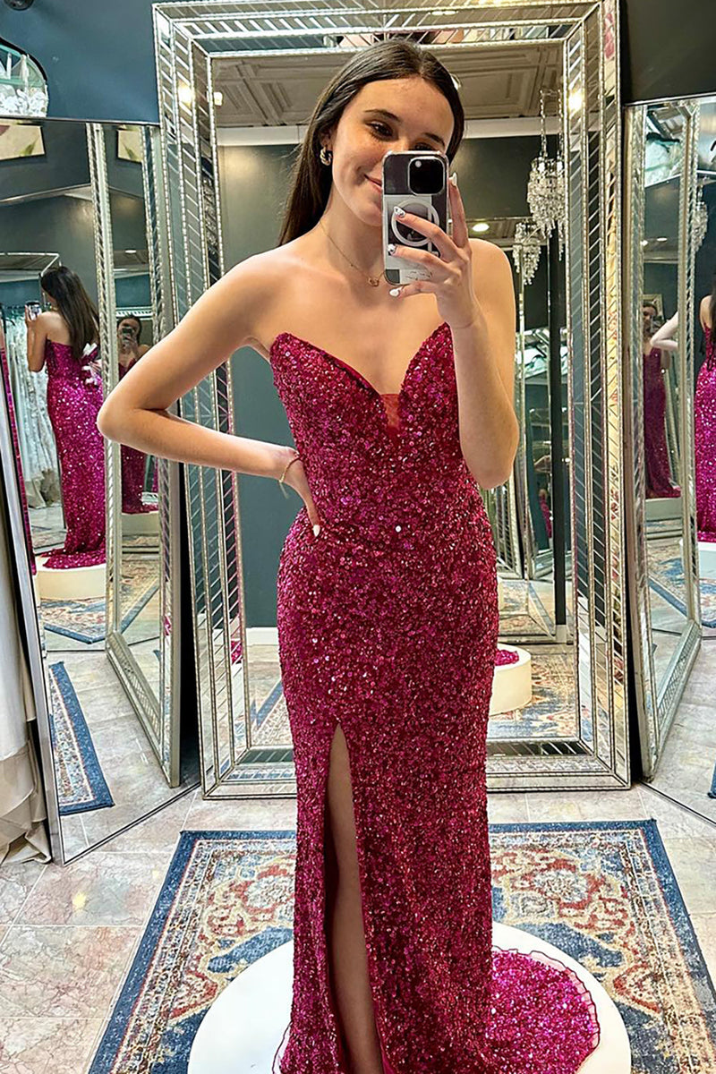 Load image into Gallery viewer, Strapless Sparkly Fuchsia Mermaid Long Sequins Prom Dress with Slit