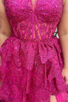 Load image into Gallery viewer, Fuchsia Sparkly Tiered Halter Long Prom Dress with Slit