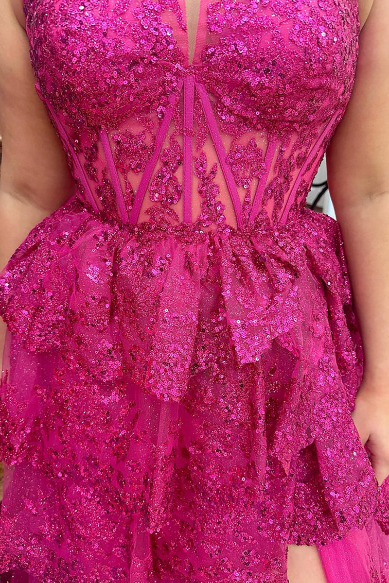 Load image into Gallery viewer, Fuchsia Sparkly Tiered Halter Long Prom Dress with Slit