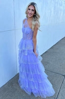 Load image into Gallery viewer, One Shoulder Sparkly Lilac A Line Tiered Long Corset Prom Dress