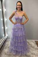 Load image into Gallery viewer, One Shoulder Sparkly Lilac A Line Tiered Long Corset Prom Dress