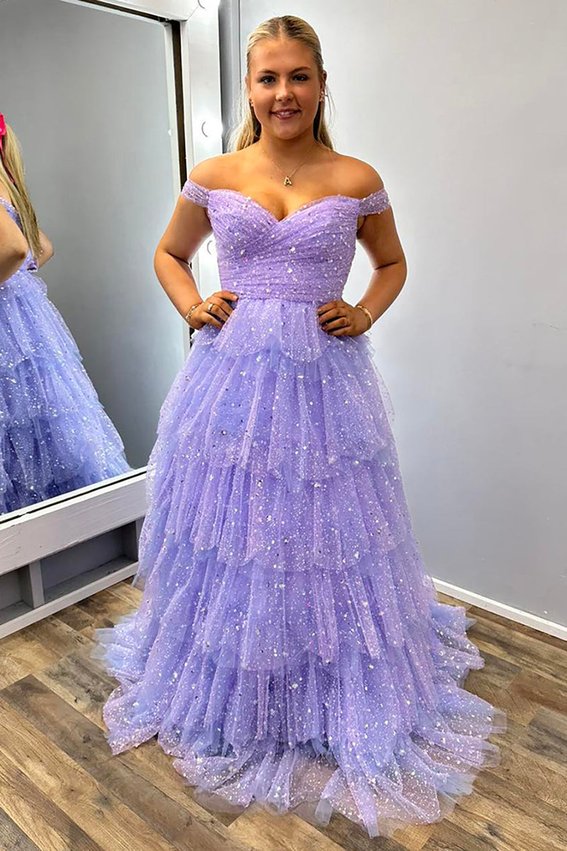 Load image into Gallery viewer, Sparkly Lilac  Off the Shoulder Long Tiered Tulle Prom Dress