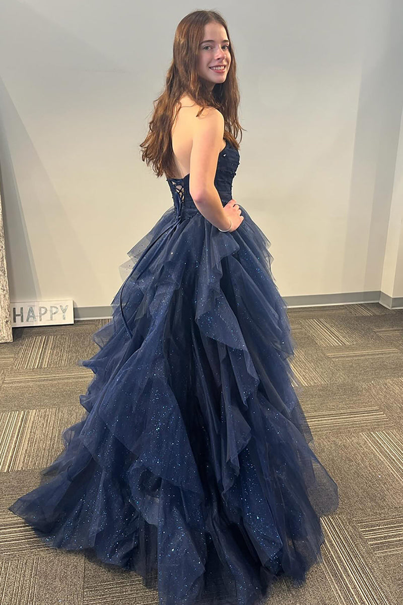 Queendancer Women Sparkly A Line Navy Prom Dress Strapless Tiered Long — free download