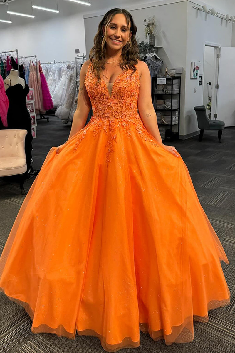 Load image into Gallery viewer, Floral Orange A Line Long Tulle Prom Dress with Appliques