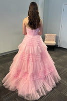 Load image into Gallery viewer, One Shoulder Light Pink A Line Tiered Long Tulle Prom Dress