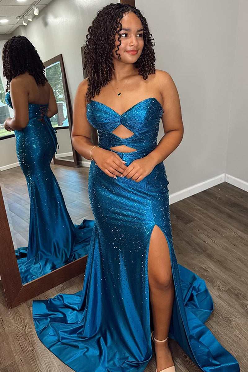 Load image into Gallery viewer, Sparkly Yellow Beaded Sweetheart Keyhole Long Prom Dress with Slit