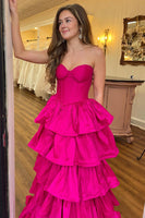 Load image into Gallery viewer, Fuchsia A Line Corset Strapless Tiered Long Satin Prom Dress