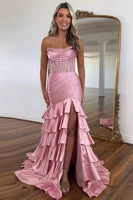 Load image into Gallery viewer, Sparkly Blush Corset Mermaid Tiered Long Prom Dress with Slit