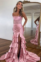 Load image into Gallery viewer, Sparkly Blush Corset Mermaid Tiered Long Prom Dress with Slit