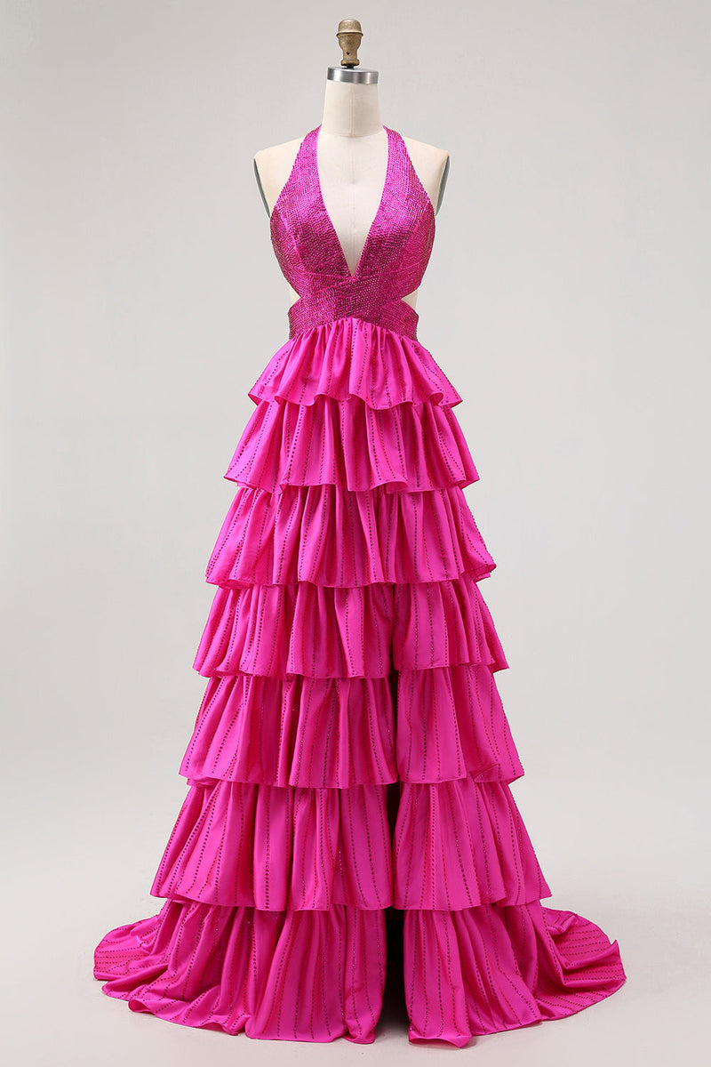 Load image into Gallery viewer, Sparkly Fuchsia A-Line Ruffled Halter Long Prom Dress with Beading