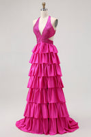 Load image into Gallery viewer, Sparkly Fuchsia A-Line Ruffled Halter Long Prom Dress with Beading