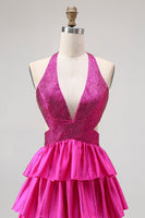 Load image into Gallery viewer, Sparkly Fuchsia A-Line Ruffled Halter Long Prom Dress with Beading