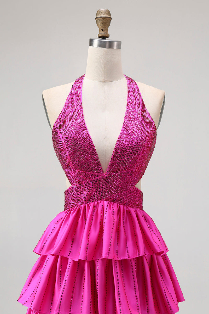 Load image into Gallery viewer, Sparkly Fuchsia A-Line Ruffled Halter Long Prom Dress with Beading