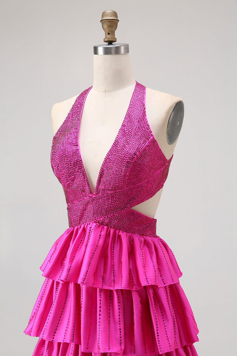 Load image into Gallery viewer, Sparkly Fuchsia A-Line Ruffled Halter Long Prom Dress with Beading