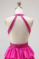 Load image into Gallery viewer, Sparkly Fuchsia A-Line Ruffled Halter Long Prom Dress with Beading