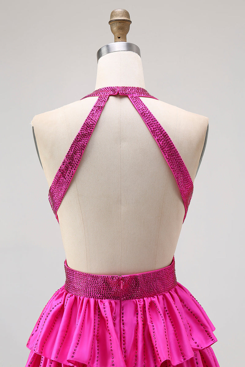 Load image into Gallery viewer, Sparkly Fuchsia A-Line Ruffled Halter Long Prom Dress with Beading