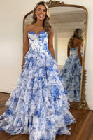 Load image into Gallery viewer, Women White Blue Flower Prom Dress with Embroidery A Line Corset Strapless Tiered Long Formal Dress
