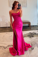Load image into Gallery viewer, Sparkly Fuchsia Beaded Long Satin Prom Dress with Slit