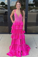Load image into Gallery viewer, Sparkly Fuchsia Beaded V-Neck Tiered Long Satin Prom Dress with Slit