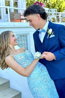 Load image into Gallery viewer, Sparkly Blue Mermaid Long Corset Prom Dress with Lace Appliques