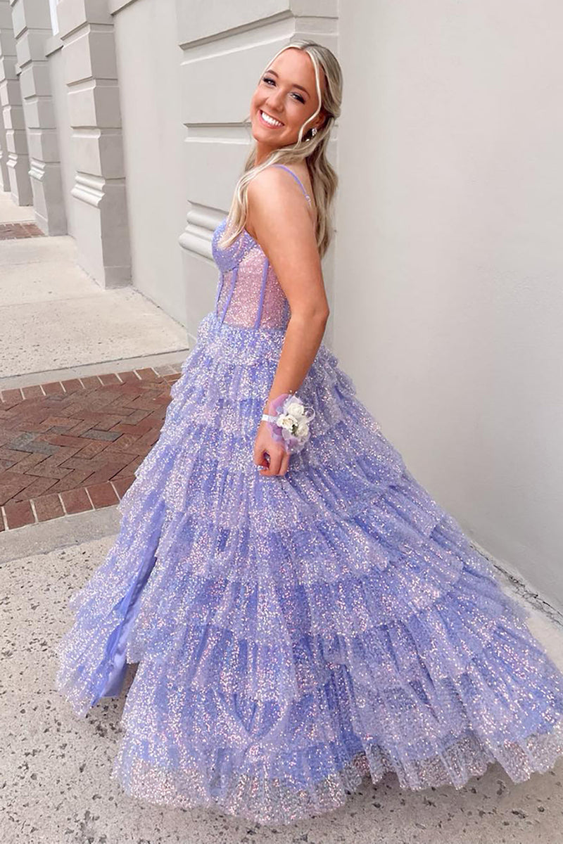 Load image into Gallery viewer, Lilac A Line Sparkly Tulle Long Corset Prom Dress with Slit