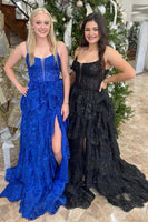 Load image into Gallery viewer, Sparkly Black Tulle Tiered Long Corset Prom Dress with Slit