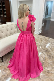 Princess Fuchsia Chiffon Pleated A Line Long Prom Dress with Flowers