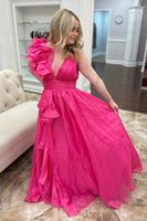 Load image into Gallery viewer, Princess Fuchsia Chiffon Pleated A Line Long Prom Dress with Flowers