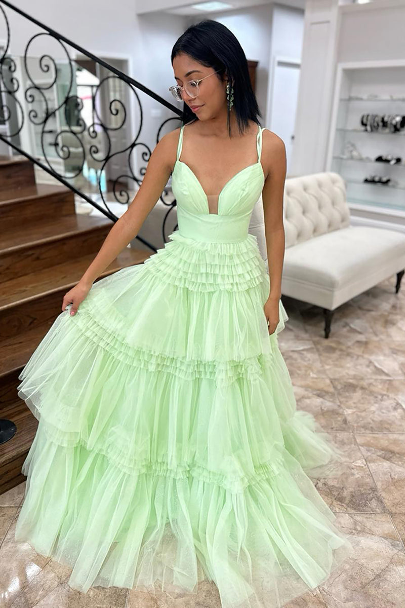 Load image into Gallery viewer, Princess Tulle Mint A Line Long Prom Dress with Ruffles