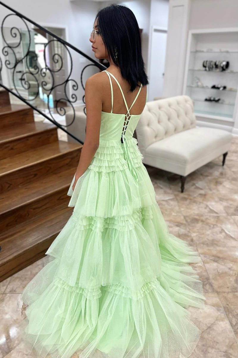 Load image into Gallery viewer, Princess Tulle Mint A Line Long Prom Dress with Ruffles