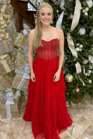 Load image into Gallery viewer, Sparkly Princess Red Chiffon Corset Beaded A Line Long Prom Dress with Ruffles