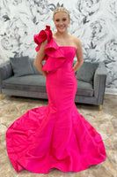 Load image into Gallery viewer, Fuchsia Satin One Shoulder Mermaid Long Prom Dress