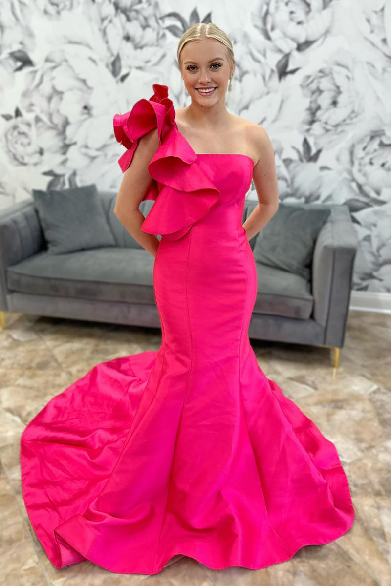 Load image into Gallery viewer, Fuchsia Satin One Shoulder Mermaid Long Prom Dress