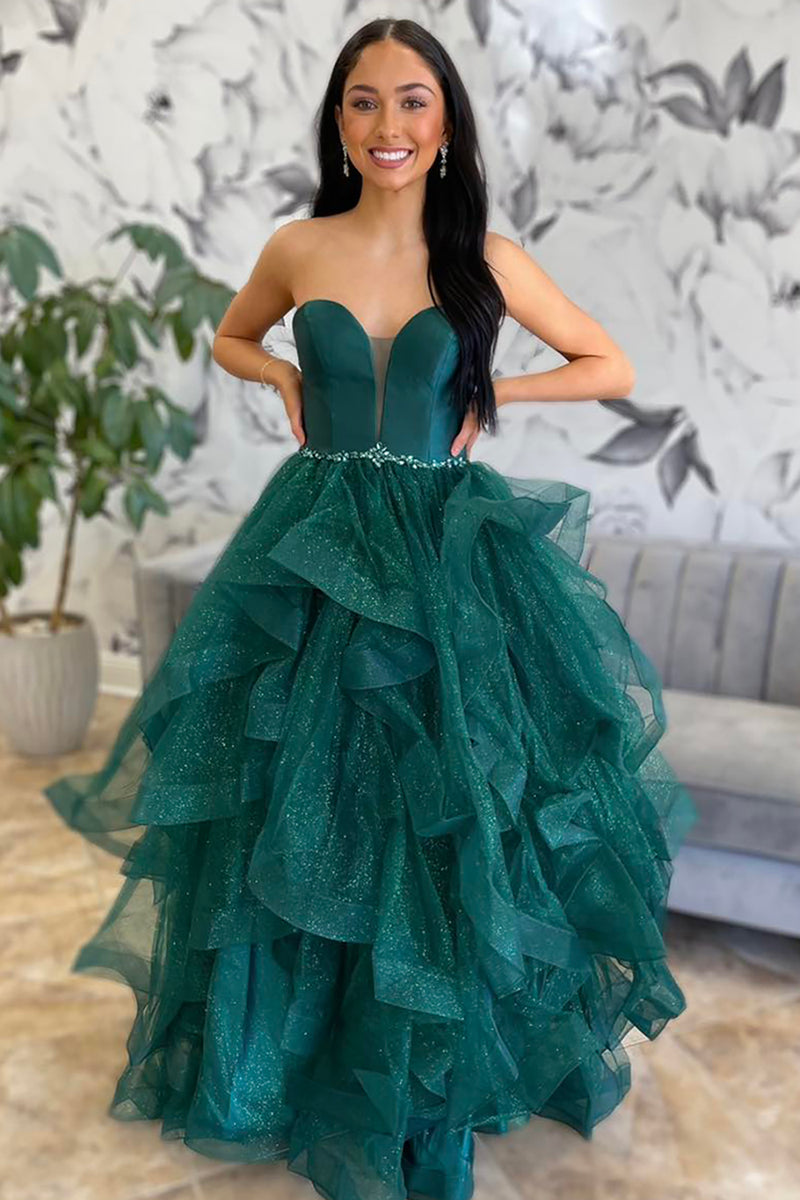 Load image into Gallery viewer, Glitter Princess Emerald Green Tulle Ball Gown Long Prom Dress with Ruffles