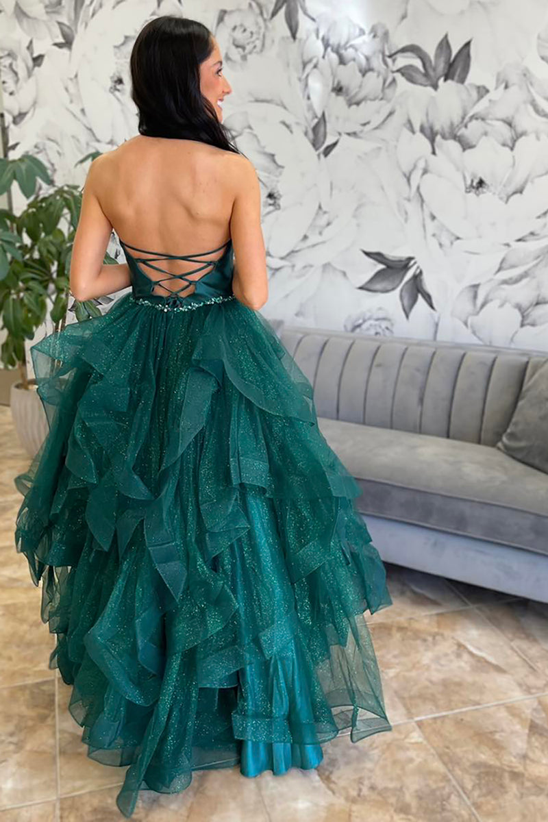 Load image into Gallery viewer, Glitter Princess Emerald Green Tulle Ball Gown Long Prom Dress with Ruffles