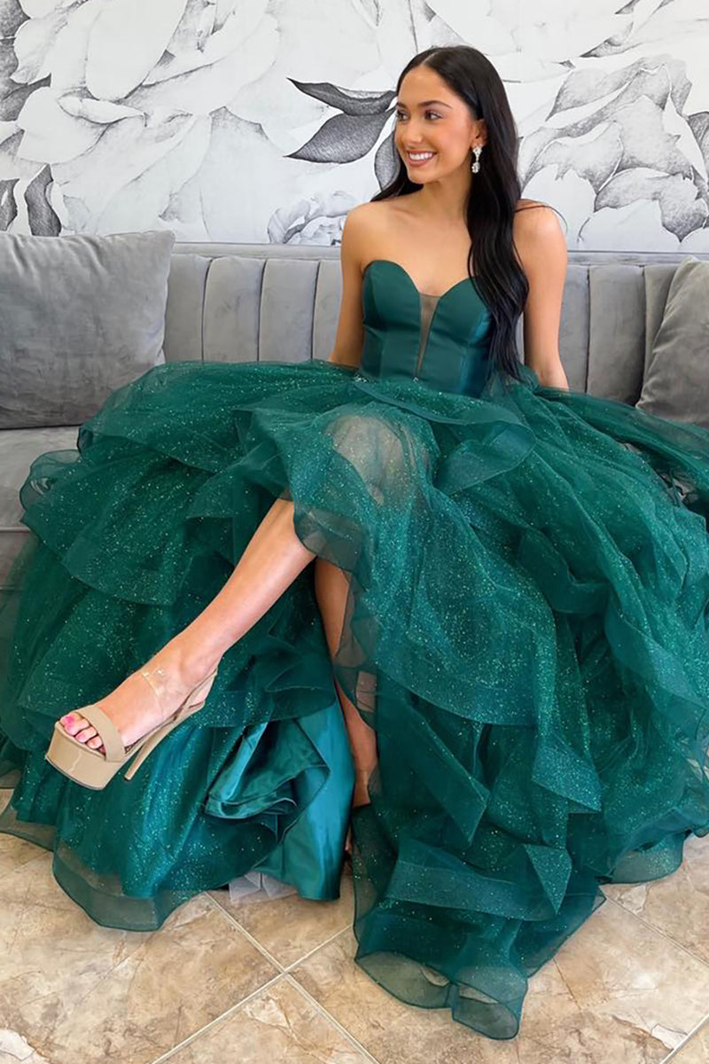 Load image into Gallery viewer, Glitter Princess Emerald Green Tulle Ball Gown Long Prom Dress with Ruffles
