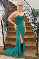 Load image into Gallery viewer, Emerald Green Satin Corset Mermaid Long Prom Dress with Slit