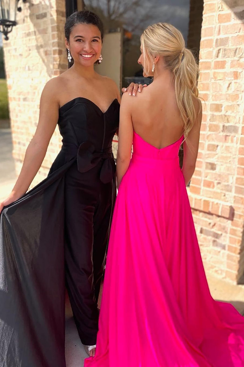 Load image into Gallery viewer, Fuchsia Satin Corset Sweetheart Prom Jumpsuits with Cape