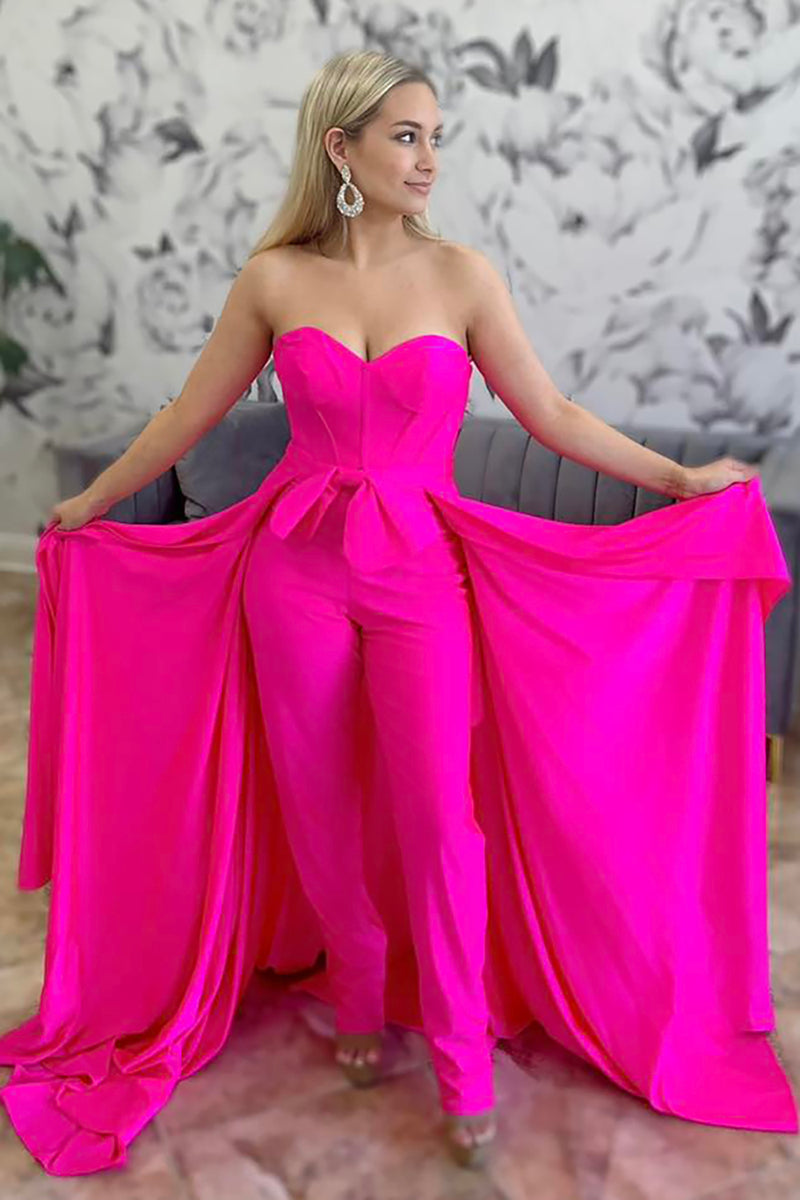 Load image into Gallery viewer, Fuchsia Satin Corset Sweetheart Prom Jumpsuits with Cape