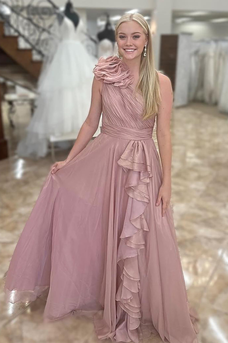 Load image into Gallery viewer, Princess Blush Chiffon Pleated A Line Long Prom Dress with Ruffles