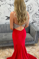 Load image into Gallery viewer, Sparkly Red Satin Mermaid Beaded Long Prom Dress with Slit
